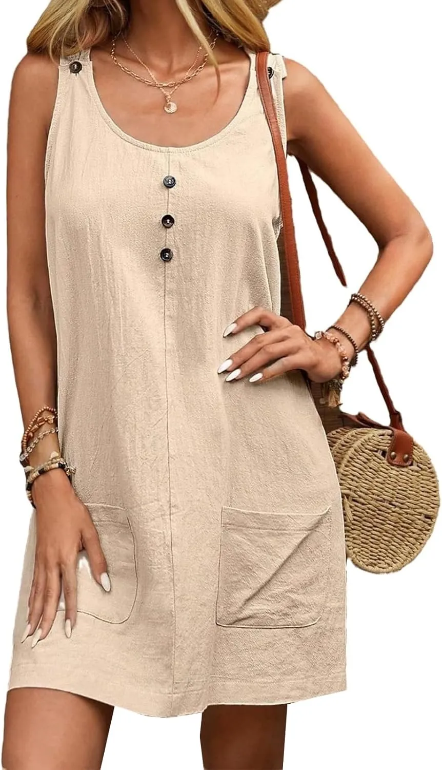 Summer Midi Dresses for Women 2025 Cotton Linen Dress Sleeveless Tshirt Dress with Pockets Beach Tank Sundress Loose