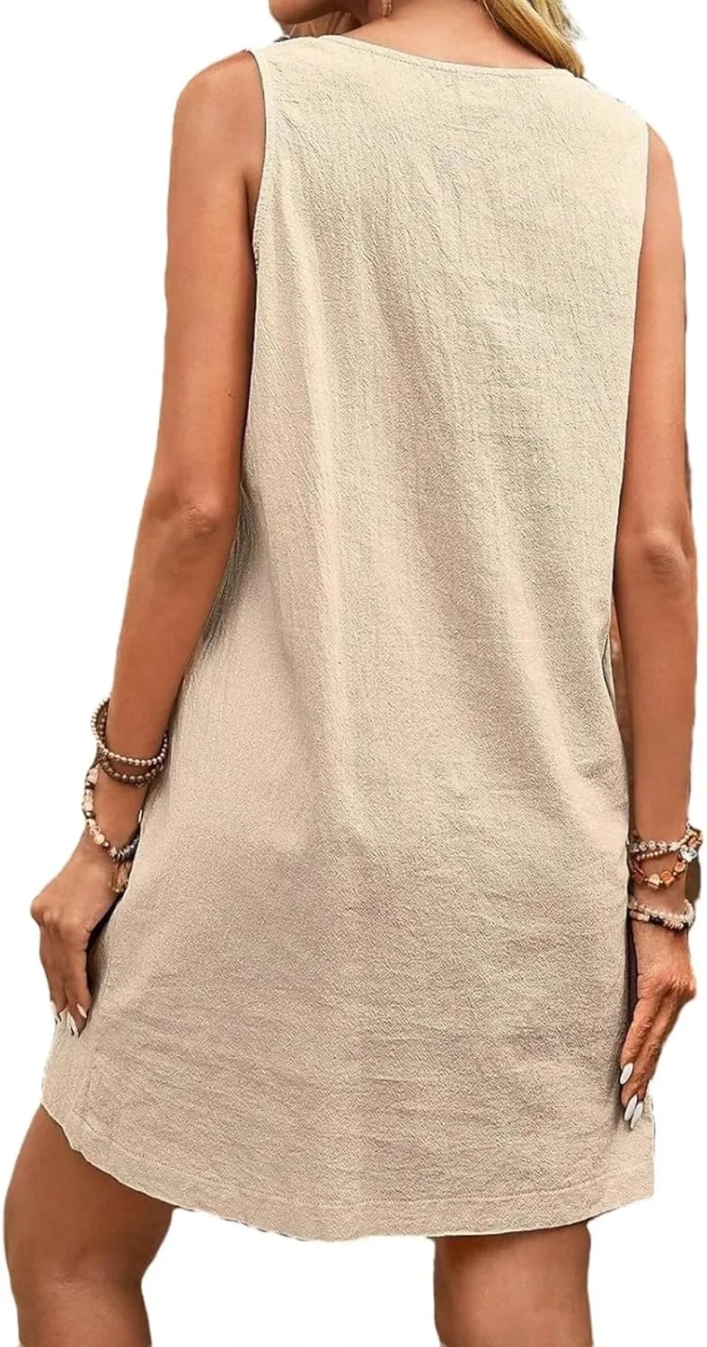 Summer Midi Dresses for Women 2025 Cotton Linen Dress Sleeveless Tshirt Dress with Pockets Beach Tank Sundress Loose