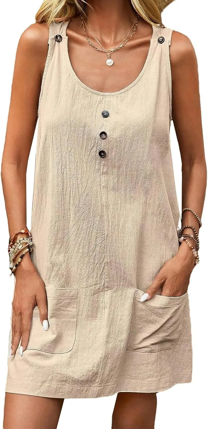 Summer Midi Dresses for Women 2025 Cotton Linen Dress Sleeveless Tshirt Dress with Pockets Beach Tank Sundress Loose