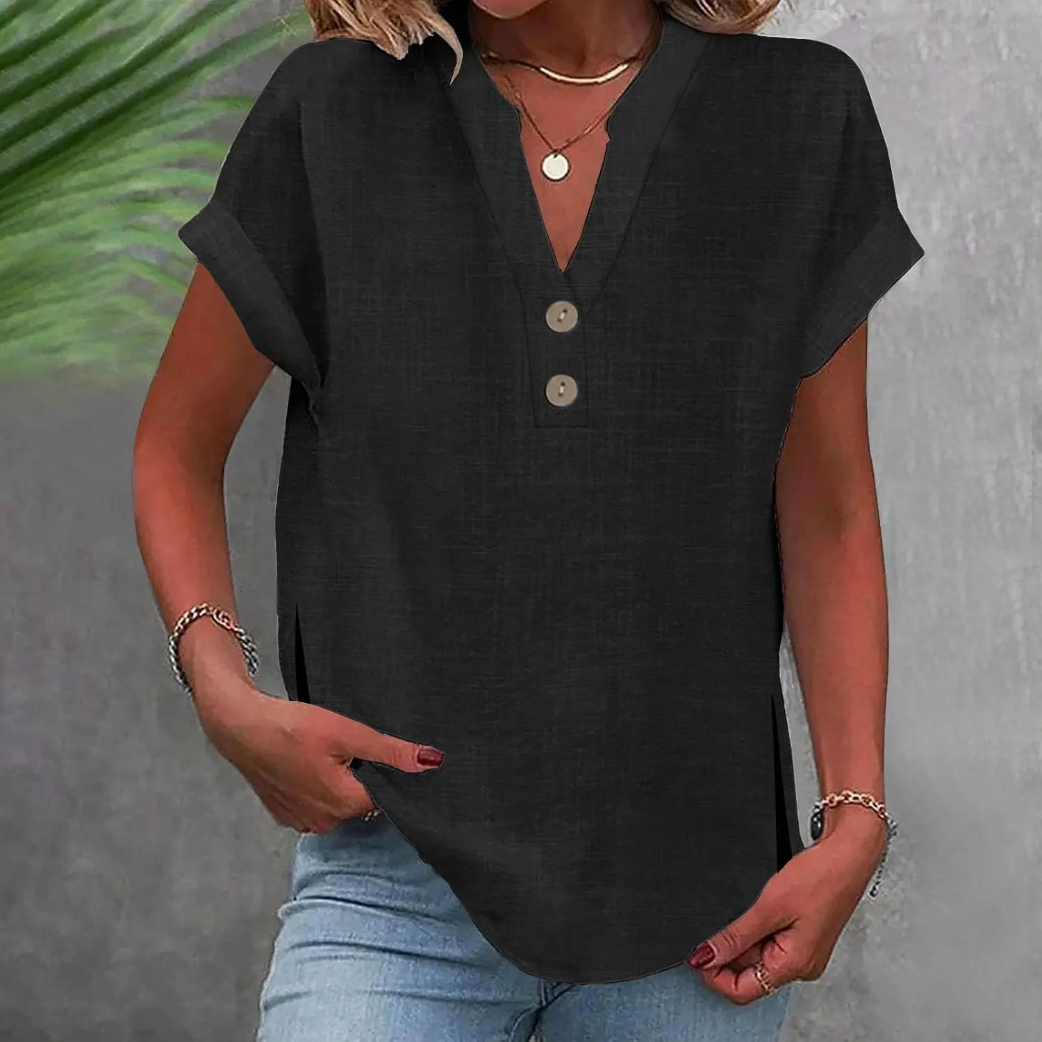 Summer Tops for Women,2025 Trendy Short Sleeve Cotton Linen Shirt Casual Button v Neck Tunic Blouses Outfits