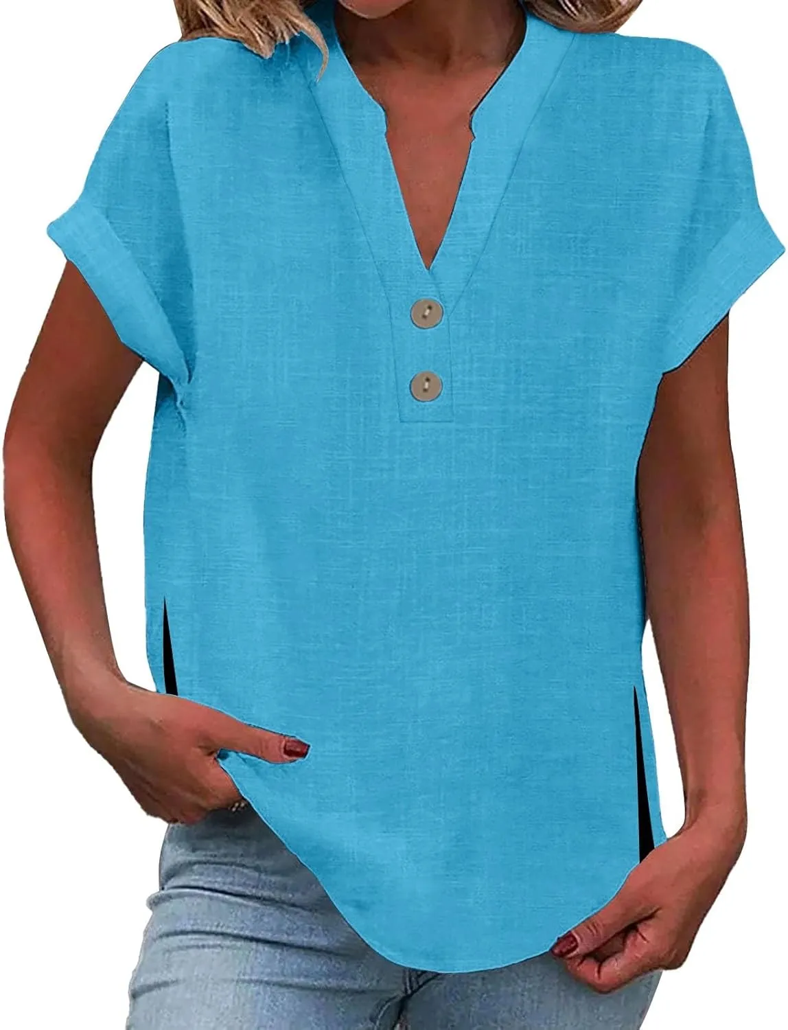 Summer Tops for Women,2025 Trendy Short Sleeve Cotton Linen Shirt Casual Button v Neck Tunic Blouses Outfits