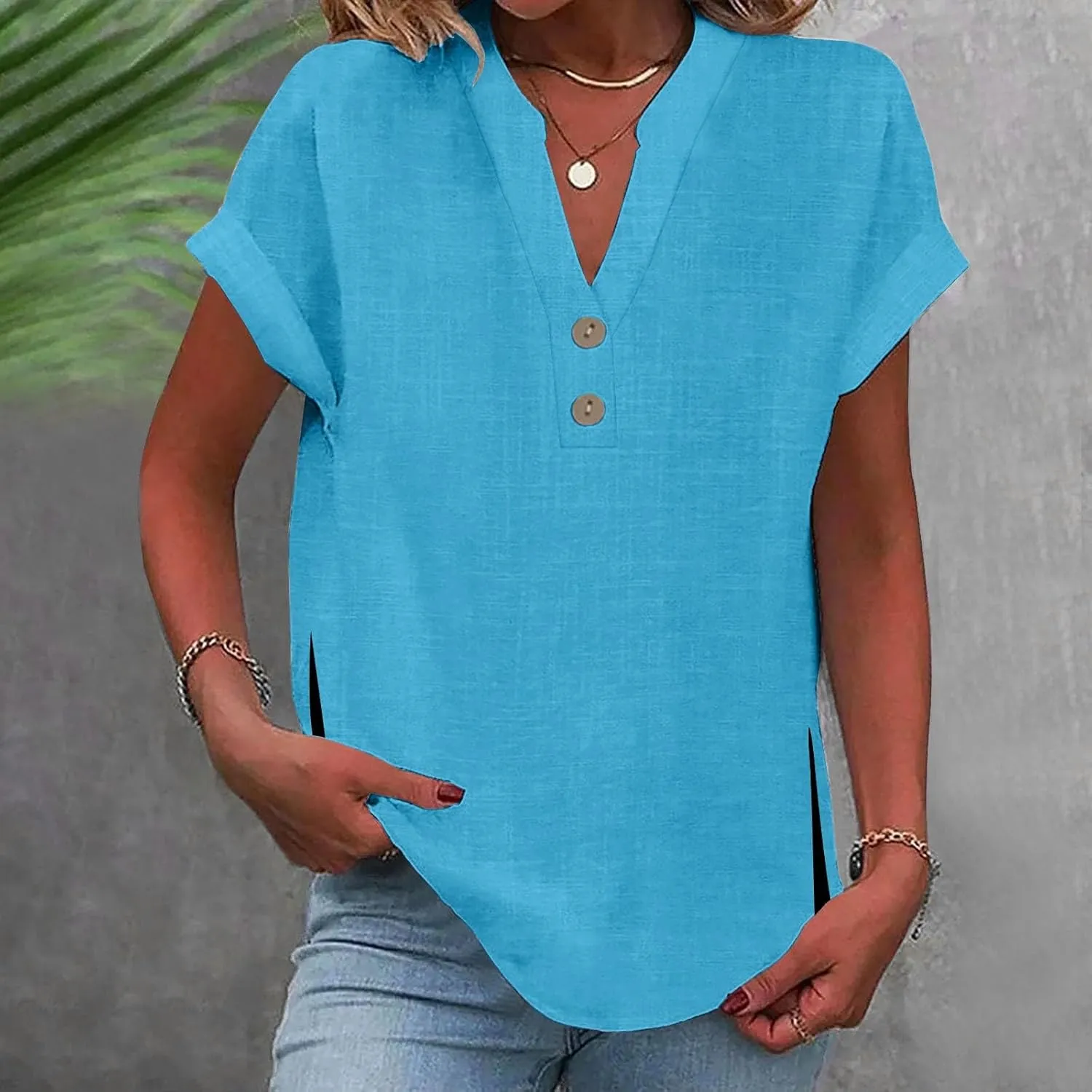 Summer Tops for Women,2025 Trendy Short Sleeve Cotton Linen Shirt Casual Button v Neck Tunic Blouses Outfits
