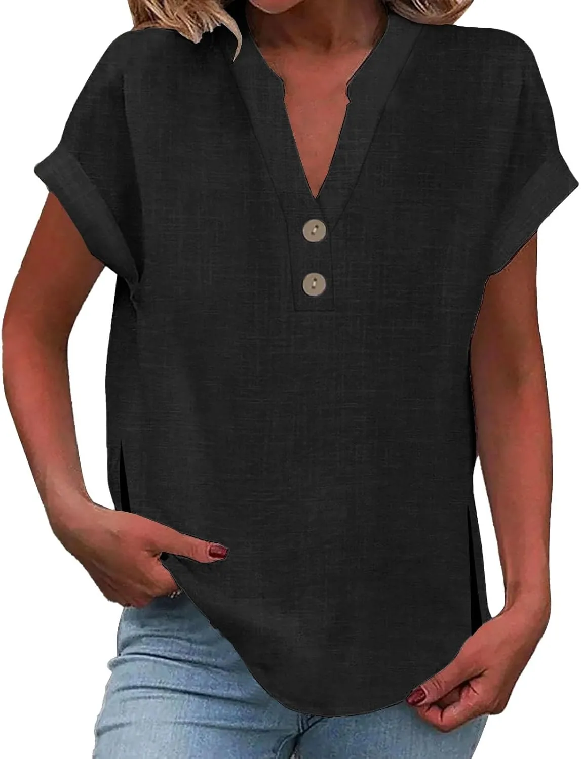 Summer Tops for Women,2025 Trendy Short Sleeve Cotton Linen Shirt Casual Button v Neck Tunic Blouses Outfits
