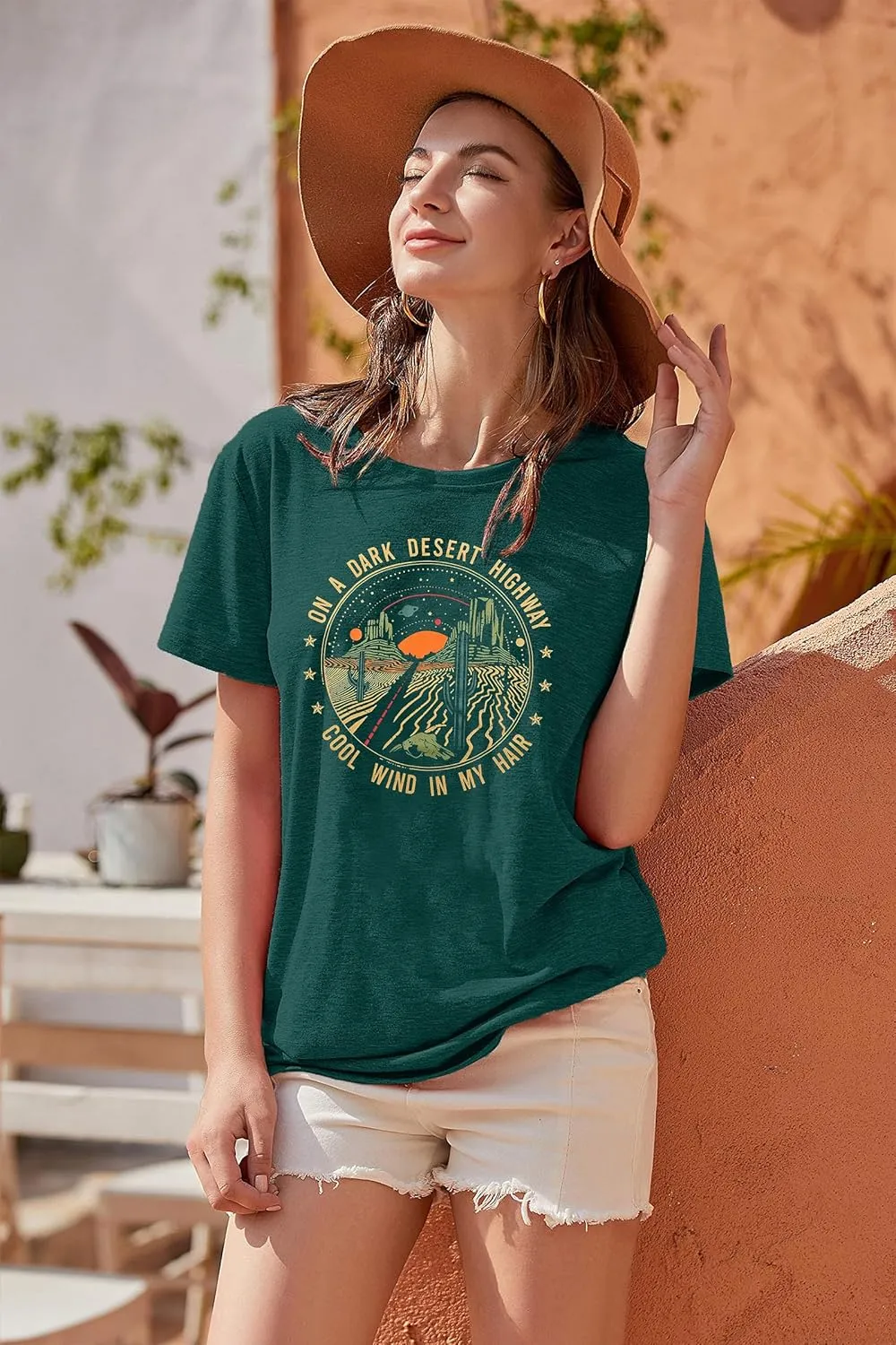 TAOHONG Adventure Shirts Women Retro Desert Highway T-Shirt Funny Nature Graphic Tee Casual Short Sleeve Tee Tops