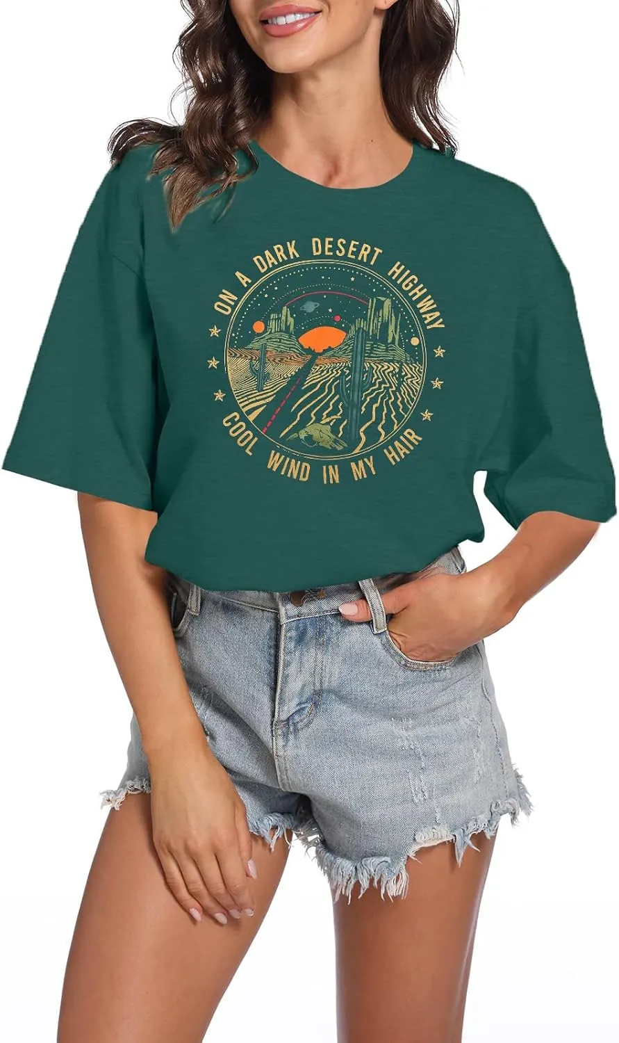 TAOHONG Adventure Shirts Women Retro Desert Highway T-Shirt Funny Nature Graphic Tee Casual Short Sleeve Tee Tops