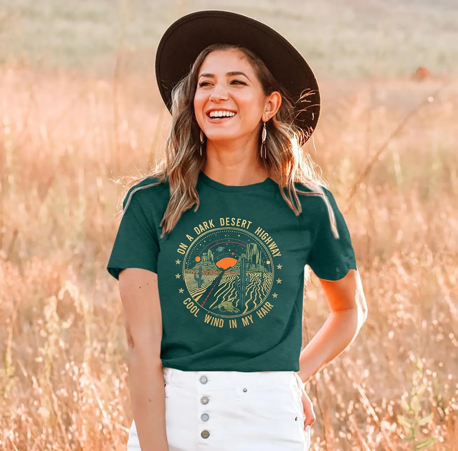 TAOHONG Adventure Shirts Women Retro Desert Highway T-Shirt Funny Nature Graphic Tee Casual Short Sleeve Tee Tops