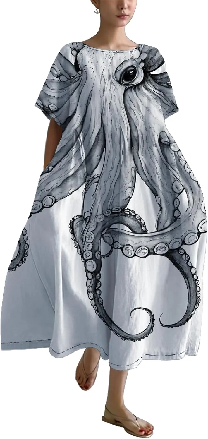Trendy Octopus Maxi Summer Dress for Women Japanese Tentacle Printed Art Design Casual Crew Neck Dress