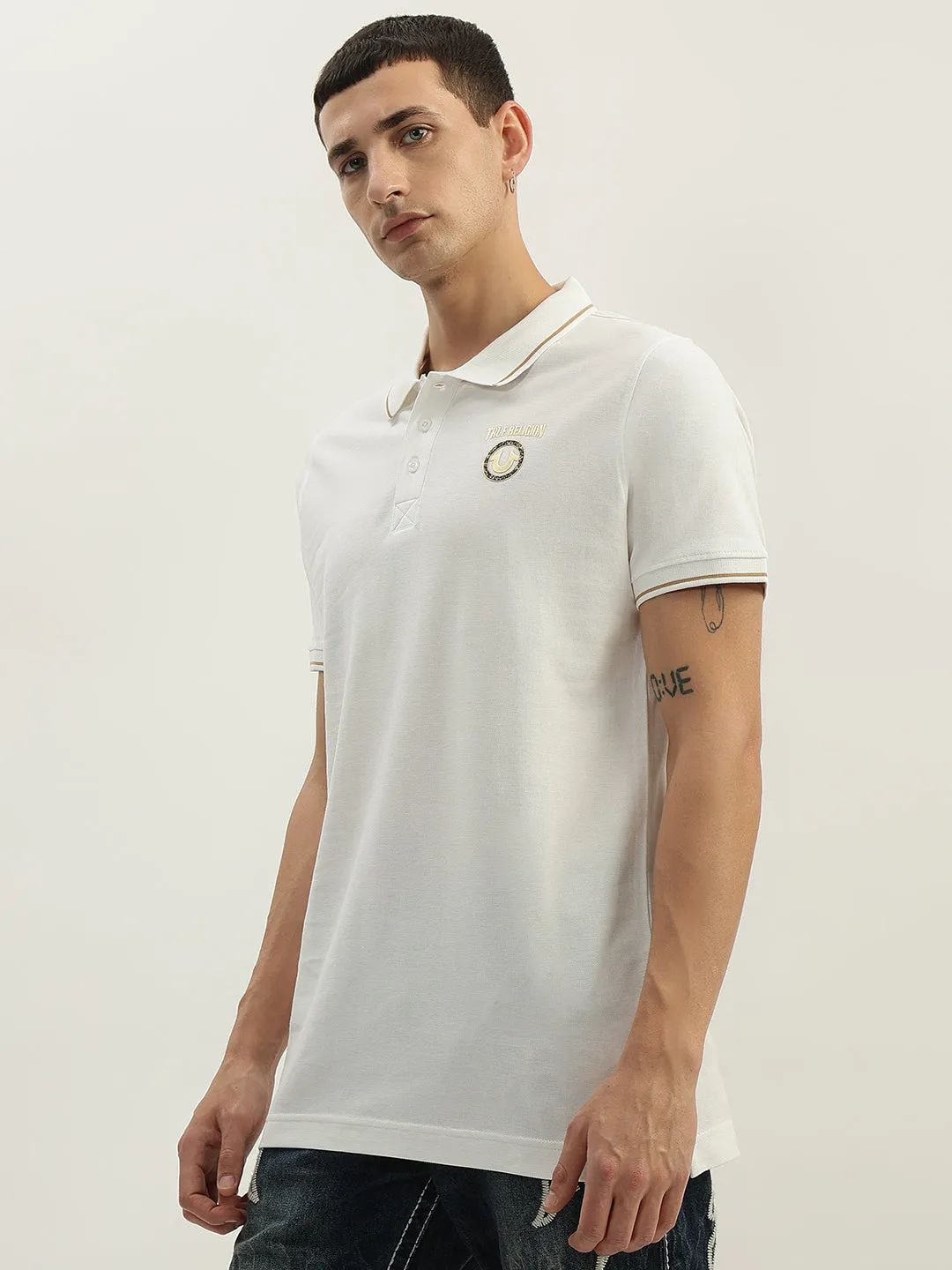 True Religion Men White Solid Polo Collar Short Sleeves Polo T-Shirt