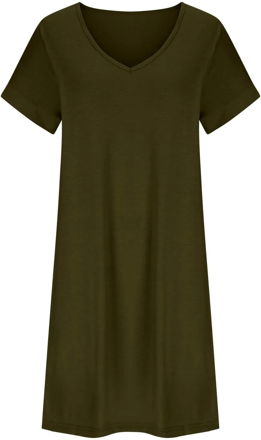 Women 2025 Summer Casual Mini Dresses V Neck Short Sleeve Solid Color Beach Shift Dress with Pockets