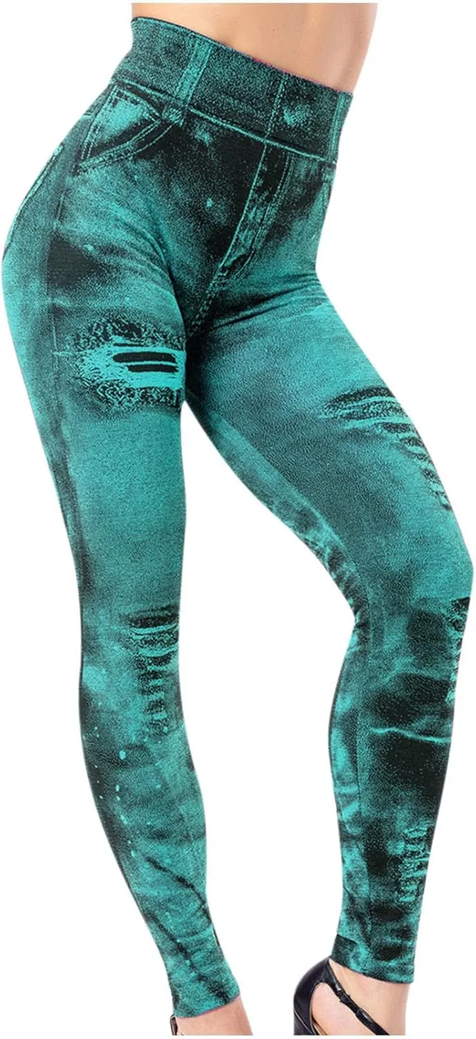 Women Denim Print Leggings Fake Jeans Seamless Full Length Tights High Waist Jeggings Workout Sport Yoga Pants