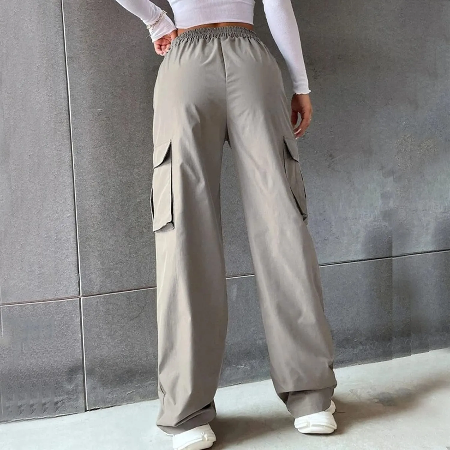 Women's Belt Less High Elastic Waisted Straight Leg Relaxed Style Trousers Slim Fit Fashion and Cool Streetwear