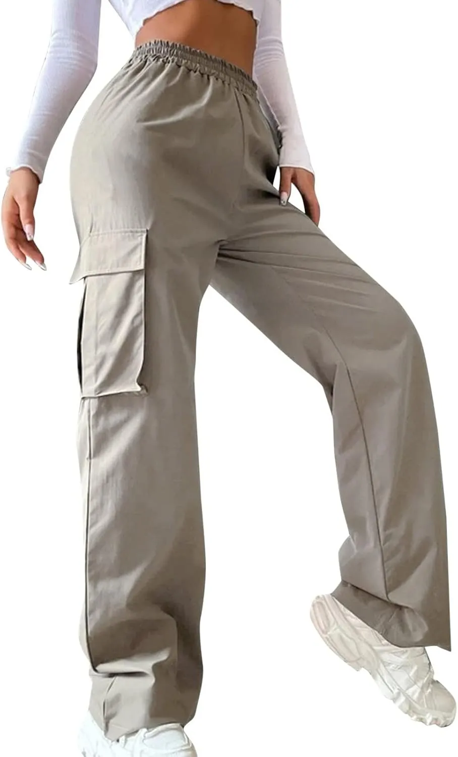 Women's Belt Less High Elastic Waisted Straight Leg Relaxed Style Trousers Slim Fit Fashion and Cool Streetwear