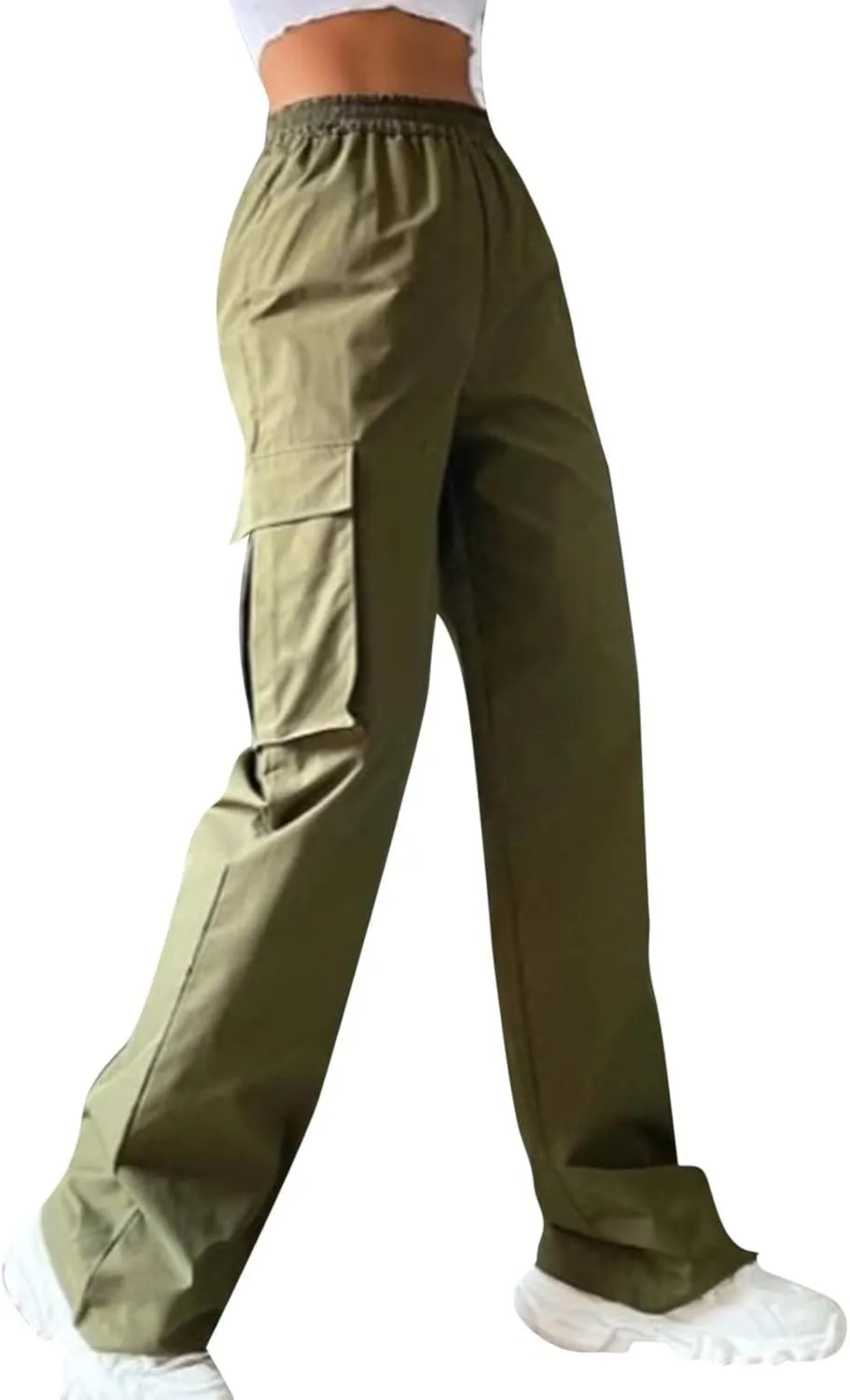 Women's Belt Less High Elastic Waisted Straight Leg Relaxed Style Trousers Slim Fit Fashion and Cool Streetwear