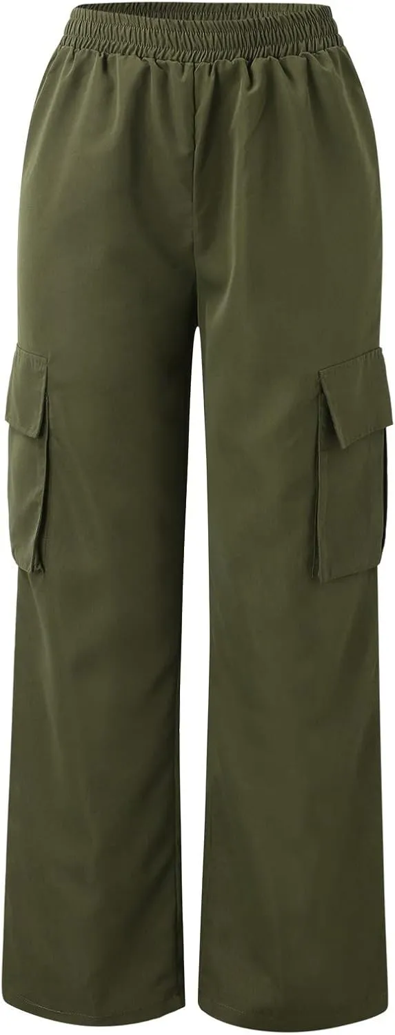 Women's Belt Less High Elastic Waisted Straight Leg Relaxed Style Trousers Slim Fit Fashion and Cool Streetwear