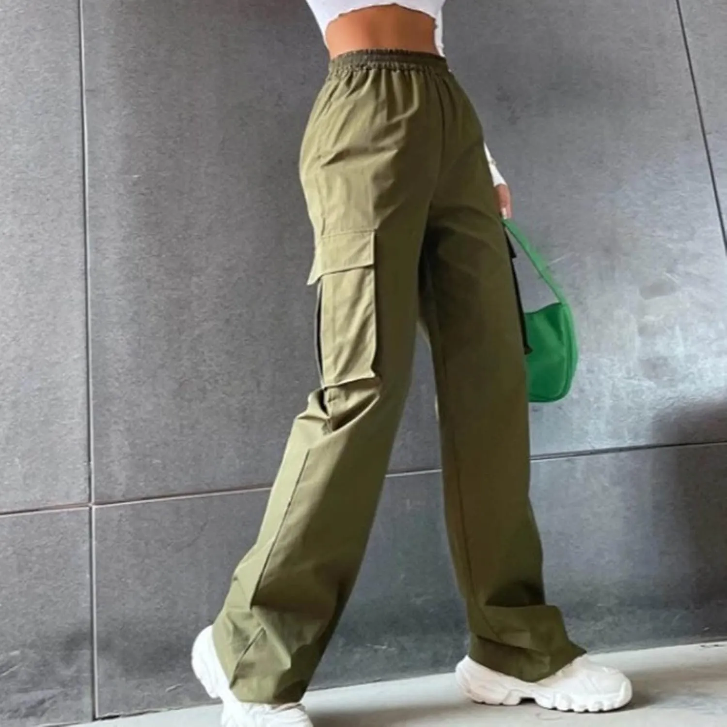 Women's Belt Less High Elastic Waisted Straight Leg Relaxed Style Trousers Slim Fit Fashion and Cool Streetwear