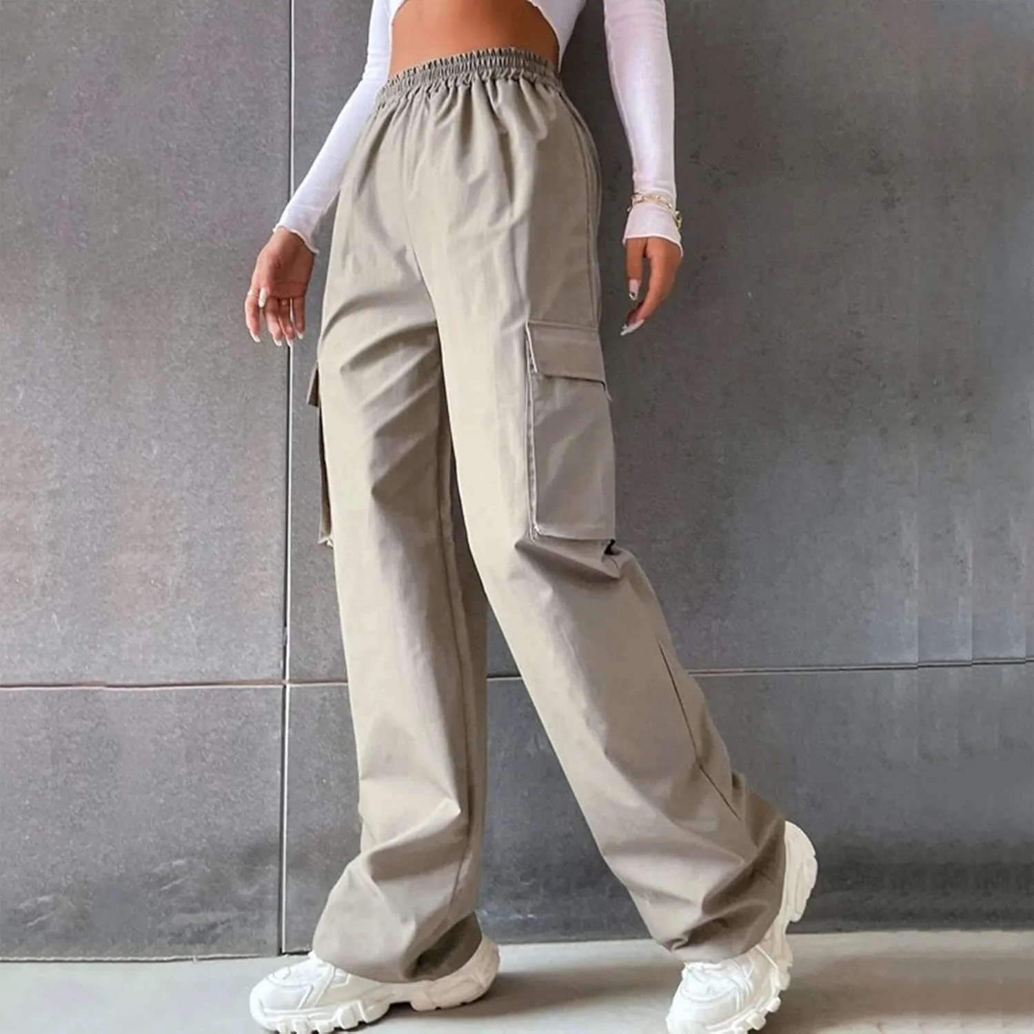 Women's Belt Less High Elastic Waisted Straight Leg Relaxed Style Trousers Slim Fit Fashion and Cool Streetwear