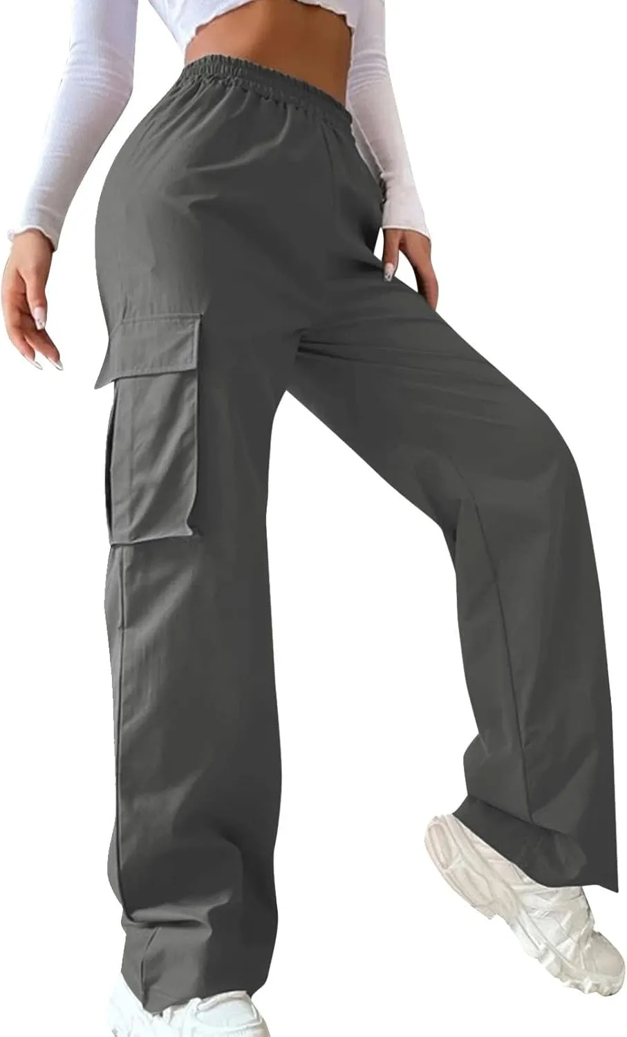 Women's Belt Less High Waisted Wide Leg Trousers Straight Leg Relaxed Style Casual Pants Ladies Slim Fit Cargo
