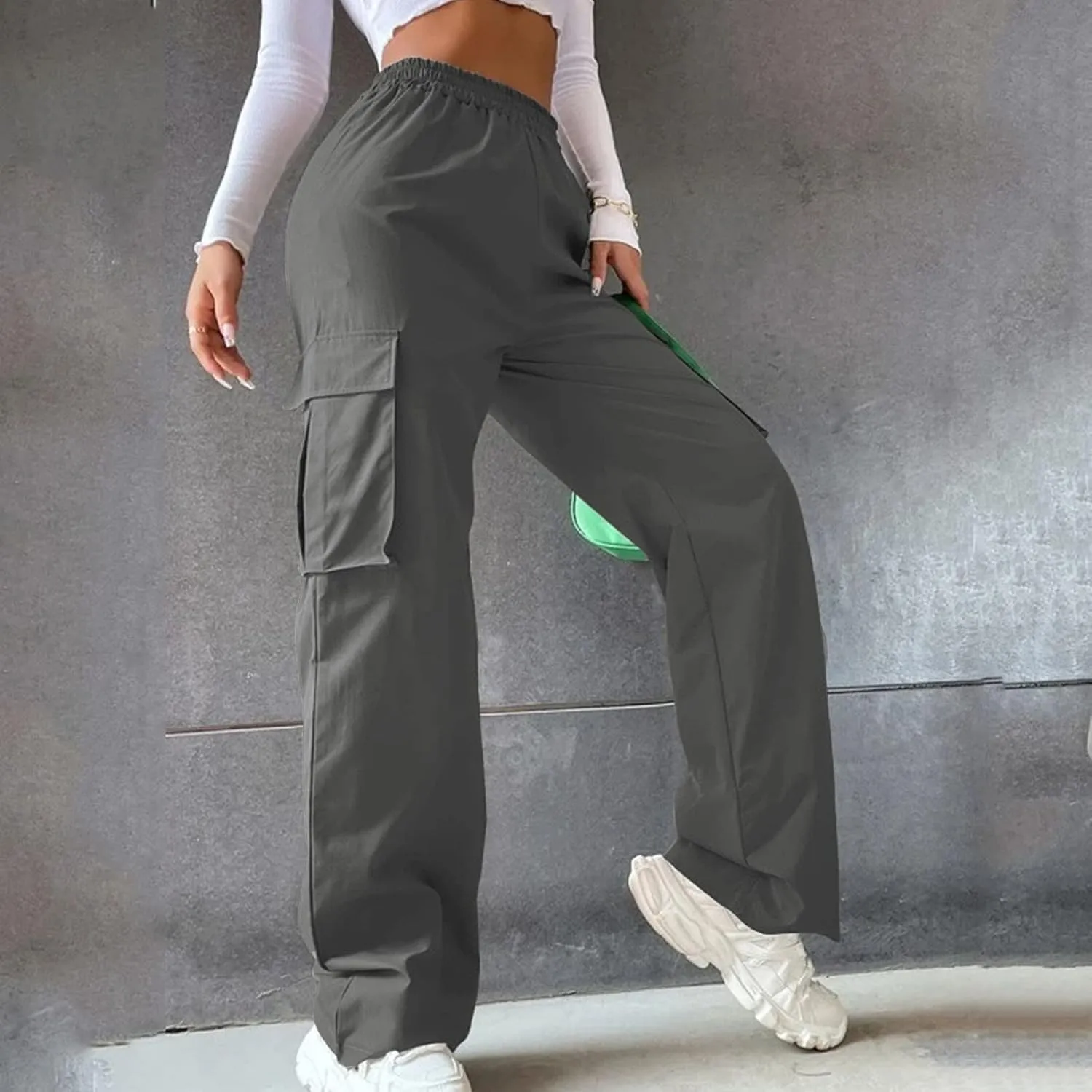 Women's Belt Less High Waisted Wide Leg Trousers Straight Leg Relaxed Style Casual Pants Ladies Slim Fit Cargo