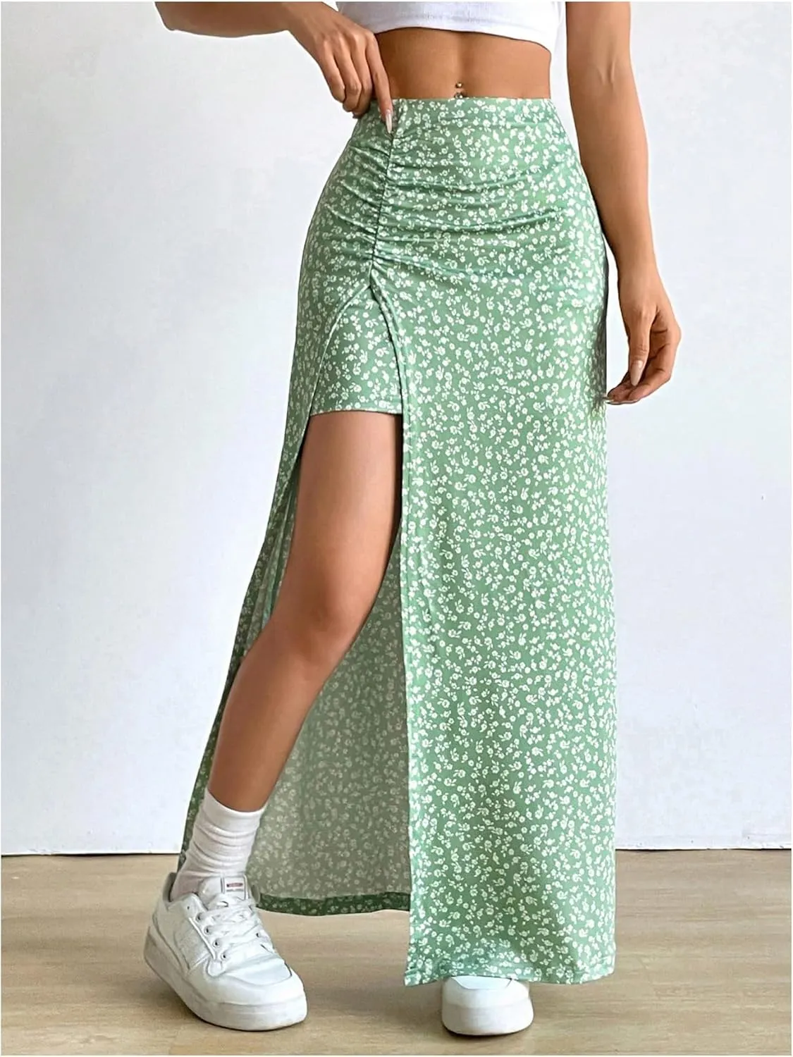 Women's Boho Floral Print Skirt Split Thigh Bodycon Maxi Skirts High Waisted Long Sexy Skirt