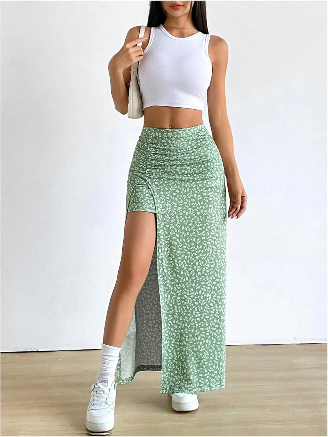 Women's Boho Floral Print Skirt Split Thigh Bodycon Maxi Skirts High Waisted Long Sexy Skirt