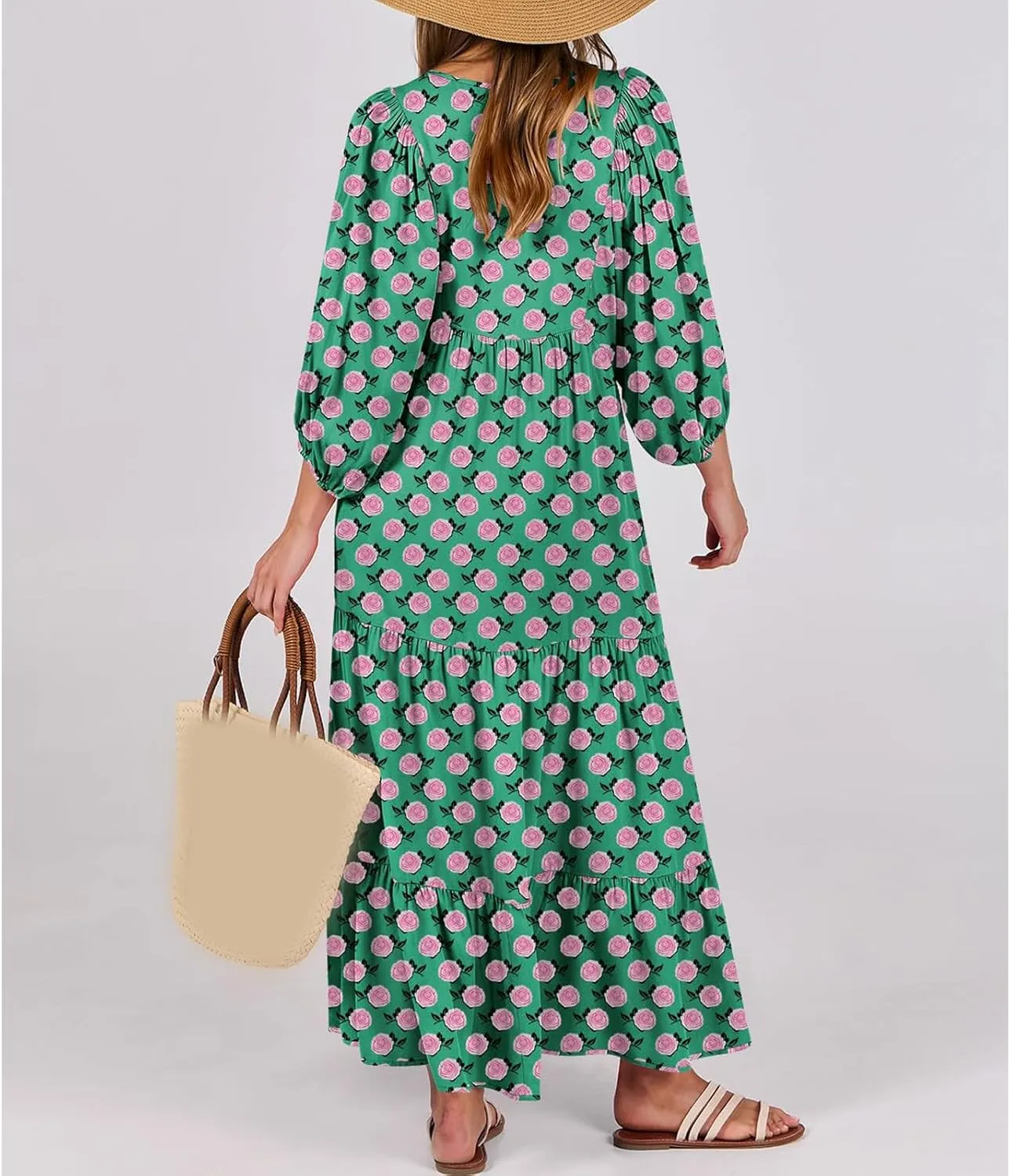 Womens Boho Maxi Dresses Floral Flowy Long Dress V Neck Puff Sleeve Beach Dresses Loose Fit Casual Summer Dress