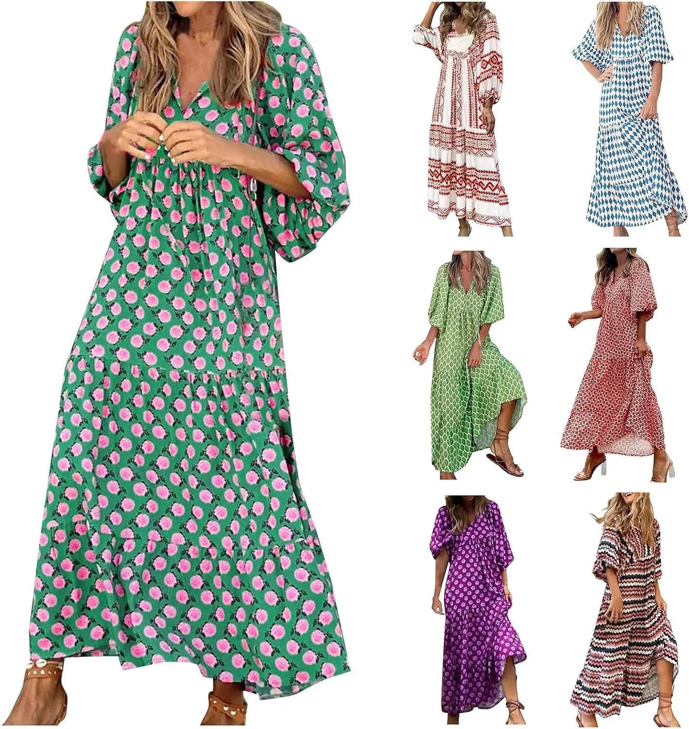 Womens Boho Maxi Dresses Floral Flowy Long Dress V Neck Puff Sleeve Beach Dresses Loose Fit Casual Summer Dress