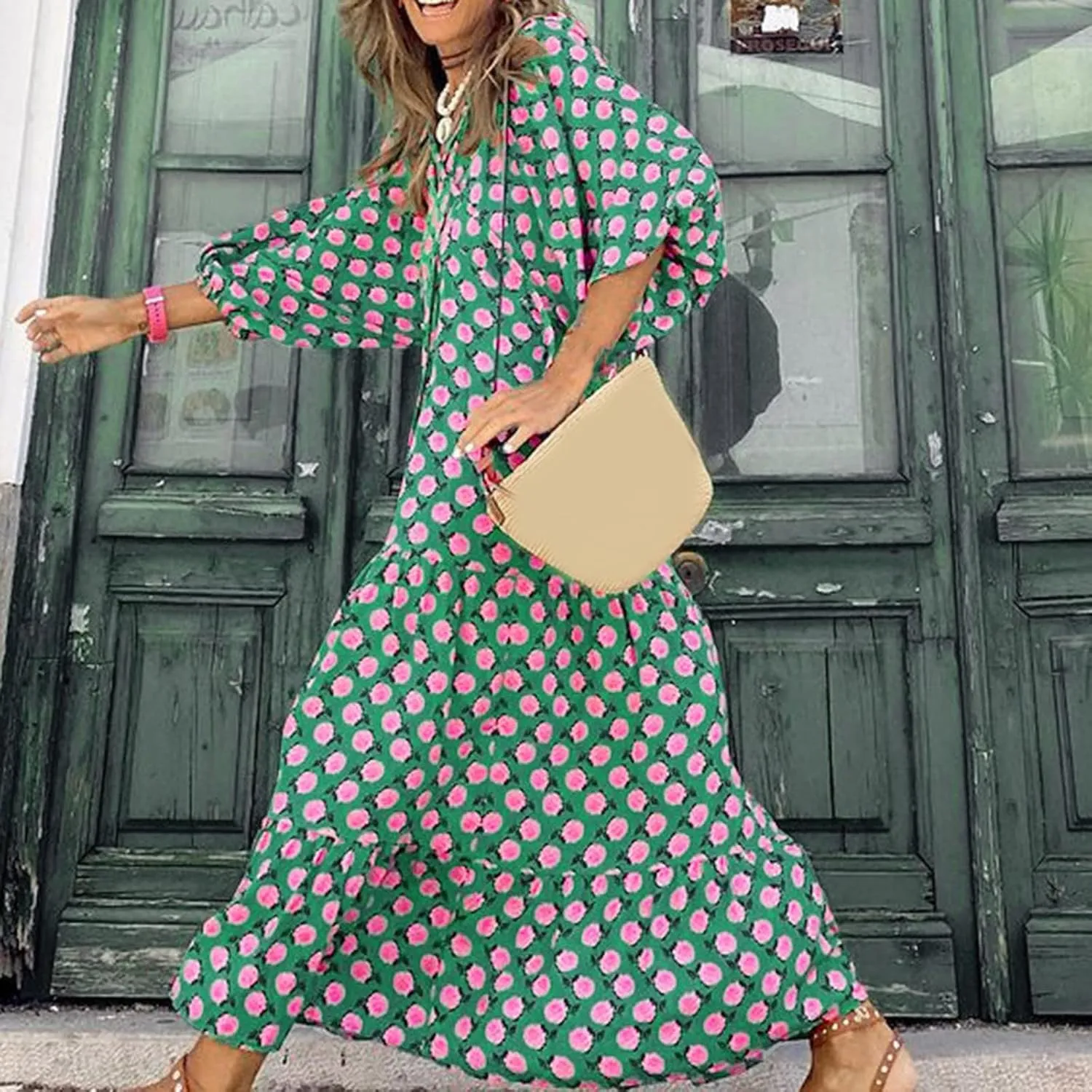 Womens Boho Maxi Dresses Floral Flowy Long Dress V Neck Puff Sleeve Beach Dresses Loose Fit Casual Summer Dress