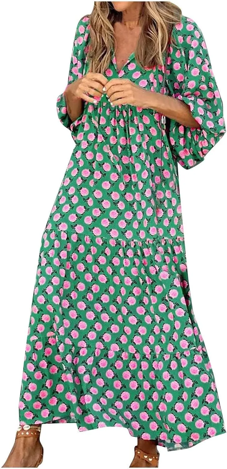 Womens Boho Maxi Dresses Floral Flowy Long Dress V Neck Puff Sleeve Beach Dresses Loose Fit Casual Summer Dress