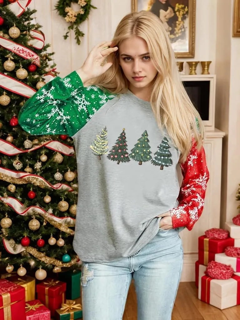Womens Christmas Sweatshirt Christmas Tree Graphic Long Sleeve Shirts Xmas Holiday Pullover Tops Blouse