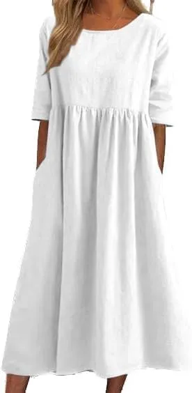 Women's Cotton Summer Midi Dress Short Half Sleeves Tunic Vacation Dress with Pockets