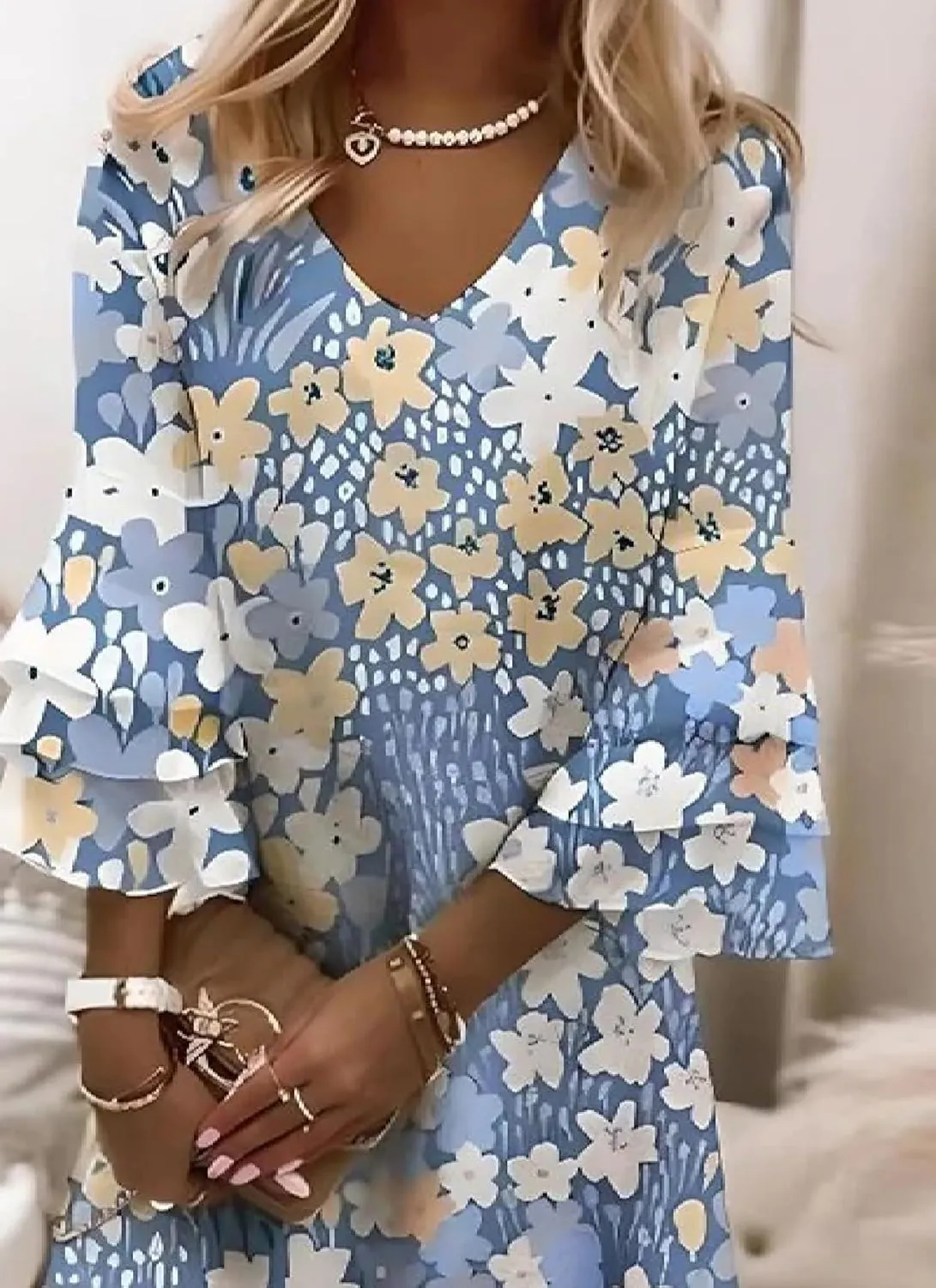 Women's Dress V Neck 3/4 Sleeve Mini Floral Print Shift Dress Elegant Party Outfit 2025 Summer Fashion
