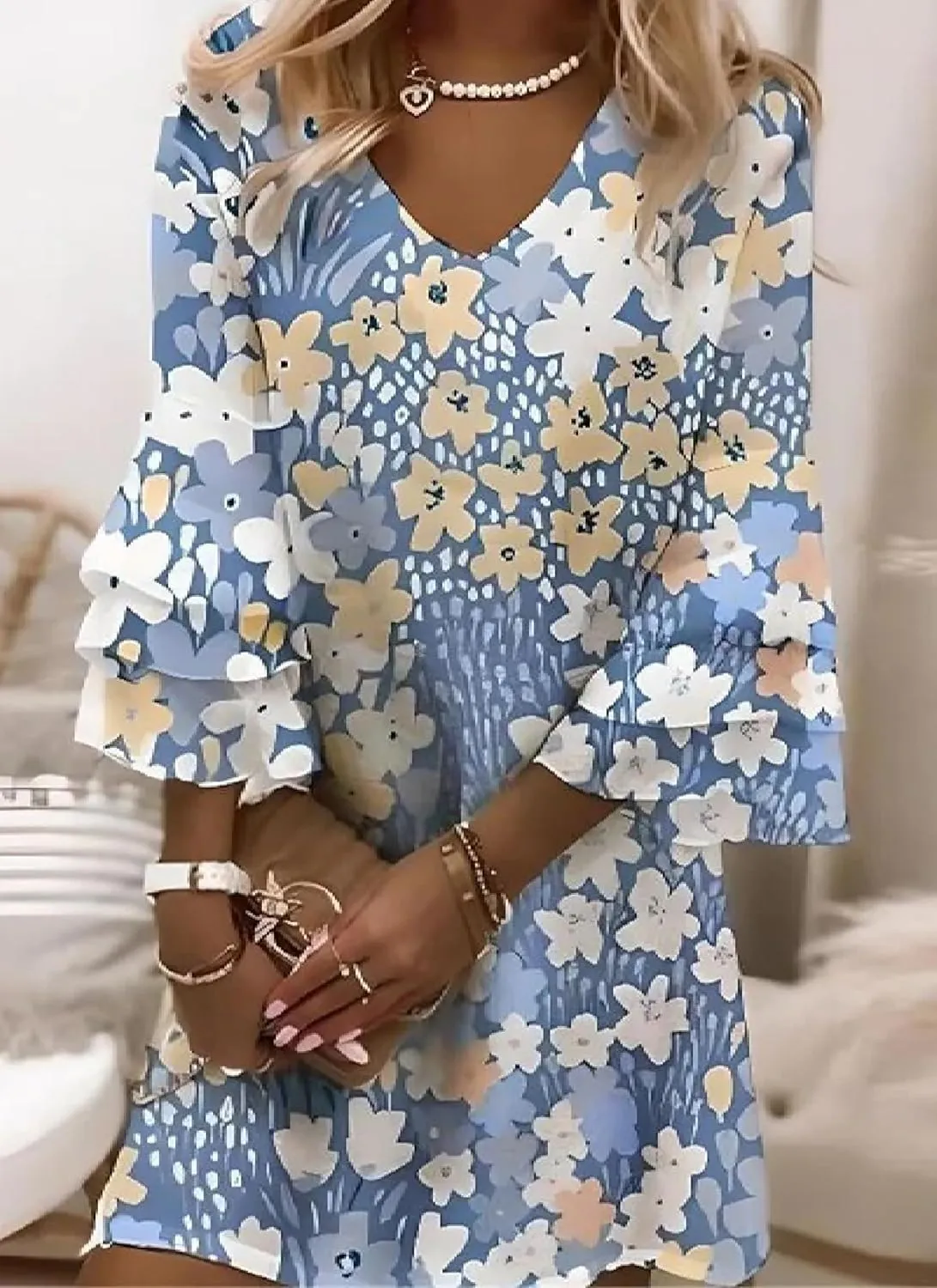 Women's Dress V Neck 3/4 Sleeve Mini Floral Print Shift Dress Elegant Party Outfit 2025 Summer Fashion