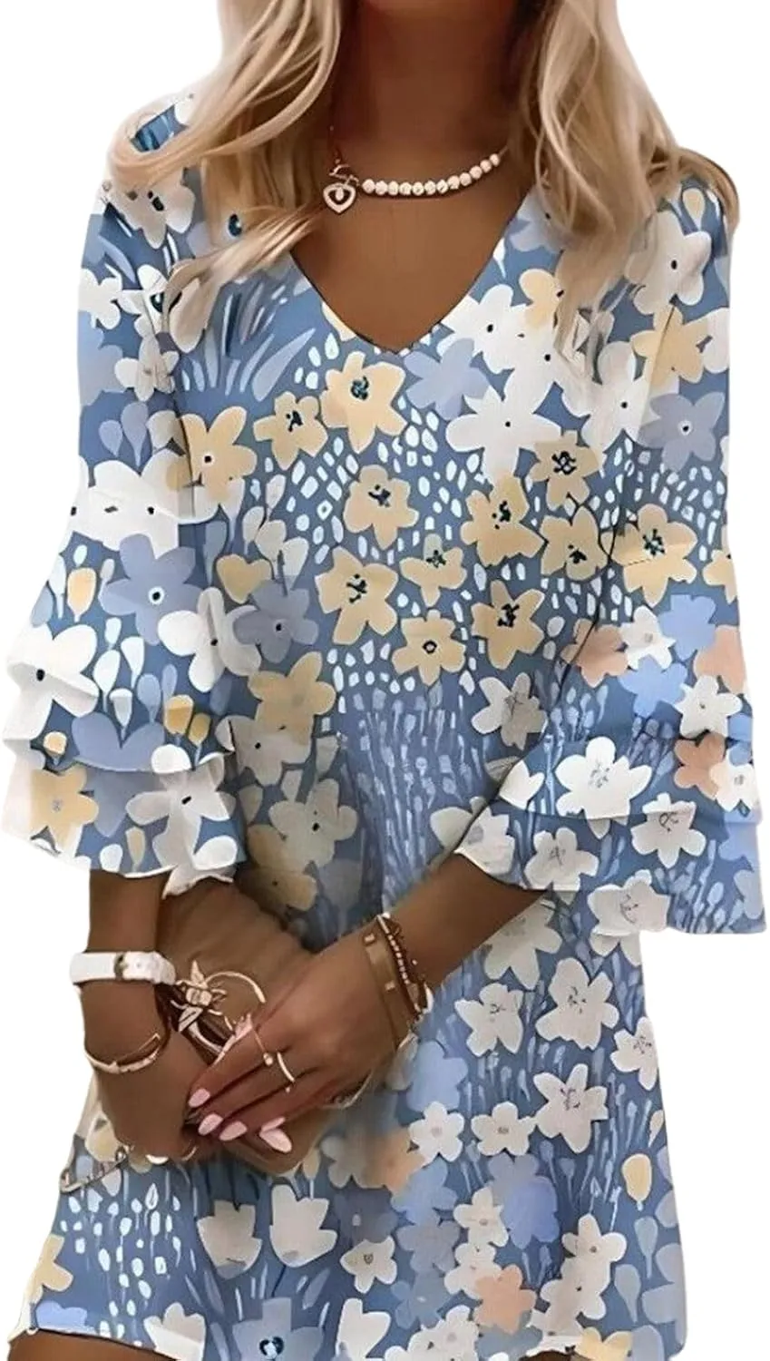 Women's Dress V Neck 3/4 Sleeve Mini Floral Print Shift Dress Elegant Party Outfit 2025 Summer Fashion