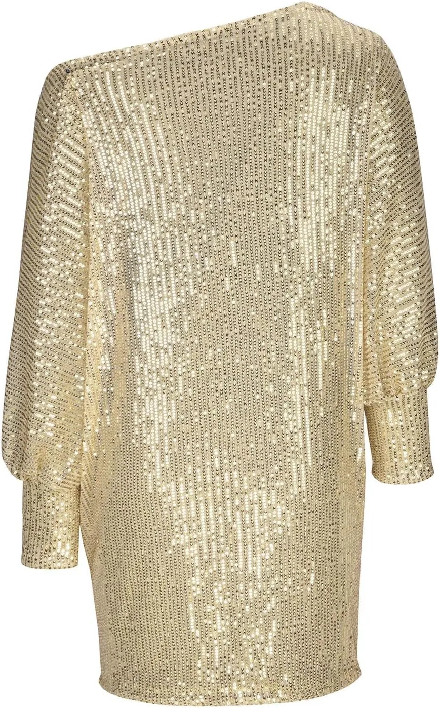 Womens Long Sleeve Sparkly Short Dresses Long Sleeve Casual Loose Mini Dress Trendy Shift Dress Party Club Dress
