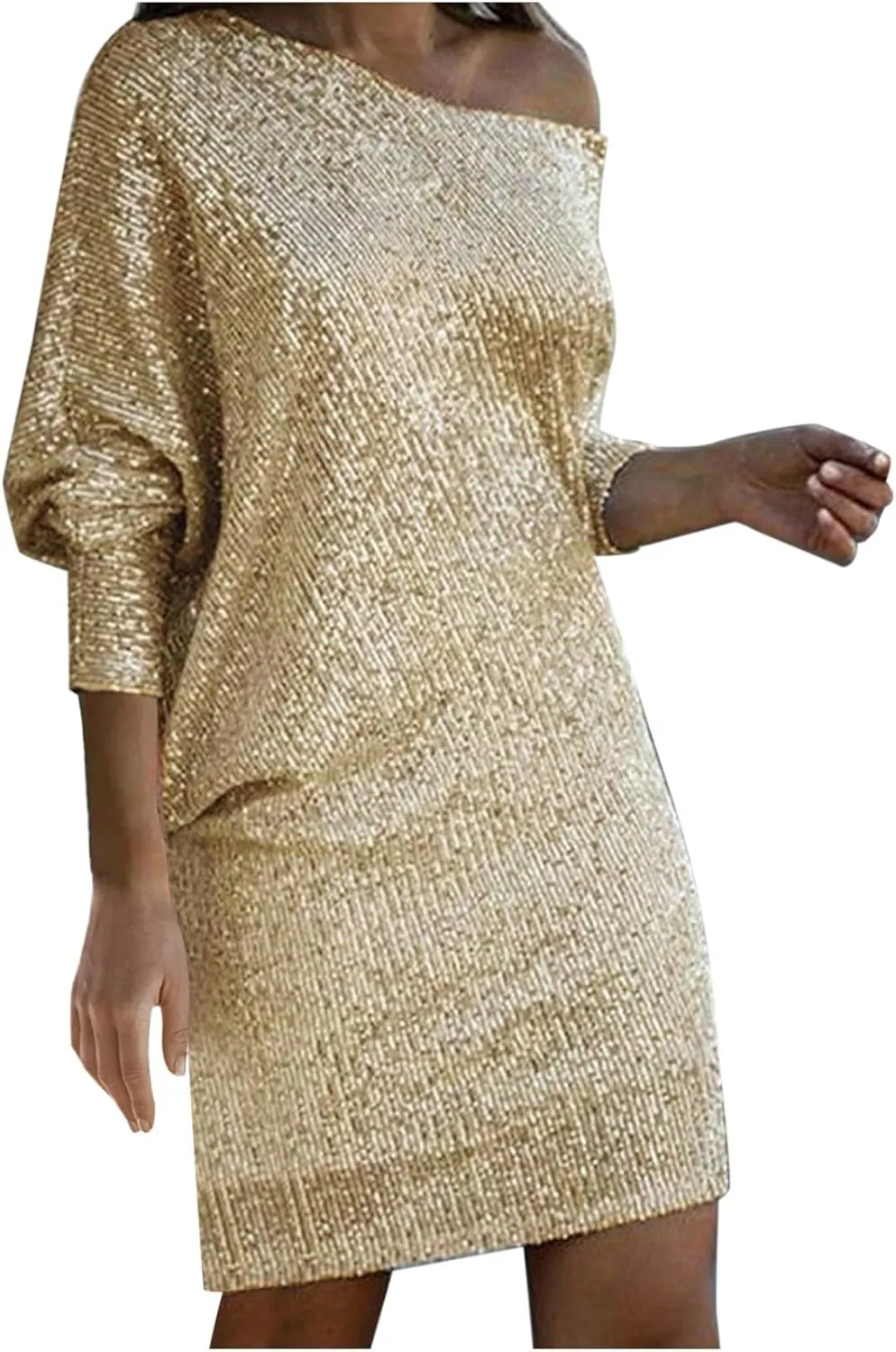 Womens Long Sleeve Sparkly Short Dresses Long Sleeve Casual Loose Mini Dress Trendy Shift Dress Party Club Dress