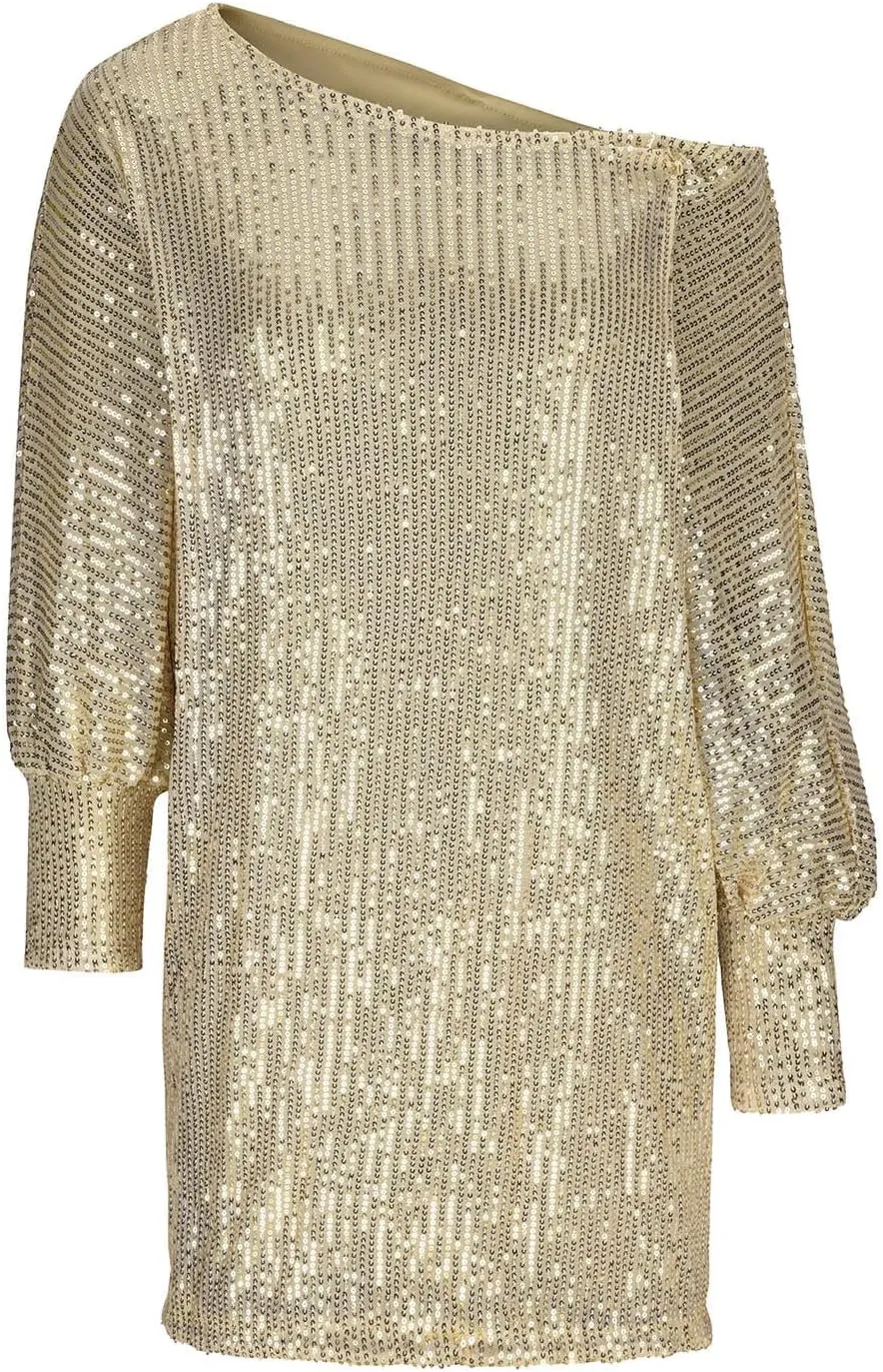 Womens Long Sleeve Sparkly Short Dresses Long Sleeve Casual Loose Mini Dress Trendy Shift Dress Party Club Dress