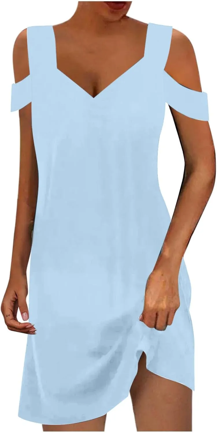 Womens Summer Casual Sun Dress Cold Shoulder Simple Solid Color Beach Dress Loose Fit Fashion Dresses