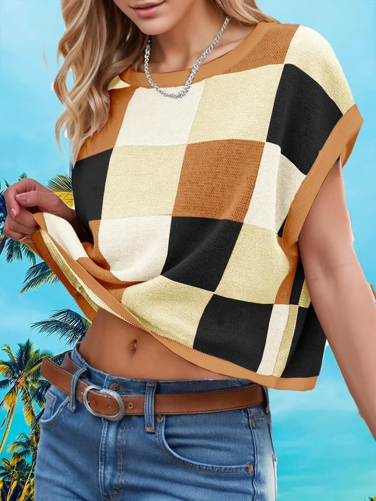 Womens Summer Crop Tops 2025 Cap Short Sleeve Sweater Vest Loose Shirts Business Vacation Outfits Trendy Fall Summer Top