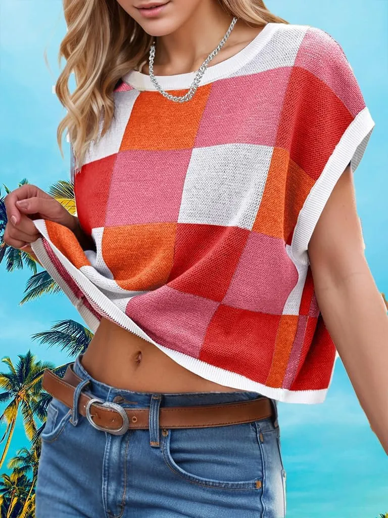 Womens Summer Crop Tops 2025 Cap Short Sleeve Sweater Vest Loose Shirts Business Vacation Outfits Trendy Fall Summer Top