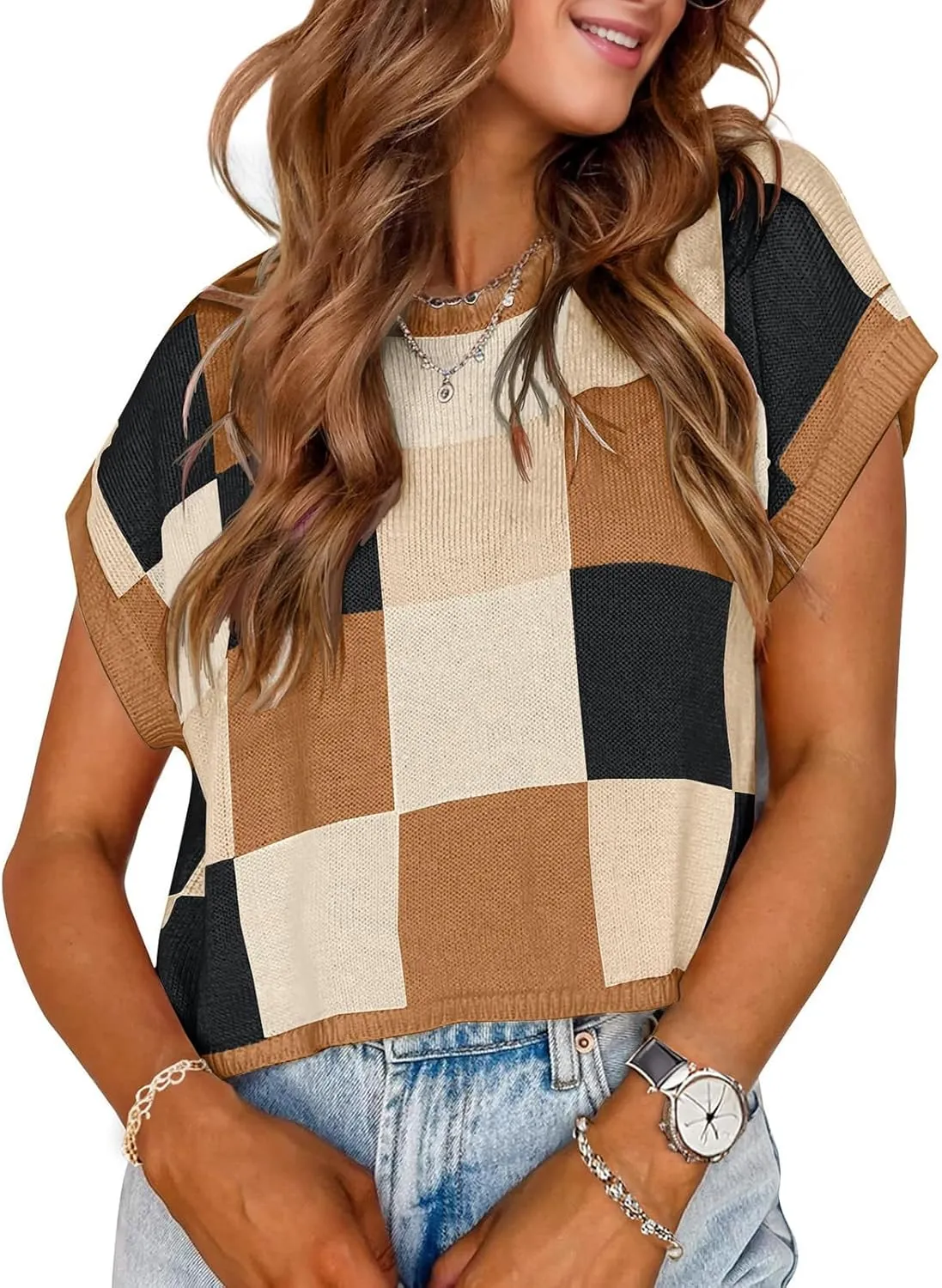 Womens Summer Crop Tops 2025 Cap Short Sleeve Sweater Vest Loose Shirts Business Vacation Outfits Trendy Fall Summer Top
