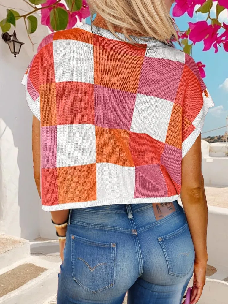 Womens Summer Crop Tops 2025 Cap Short Sleeve Sweater Vest Loose Shirts Business Vacation Outfits Trendy Fall Summer Top