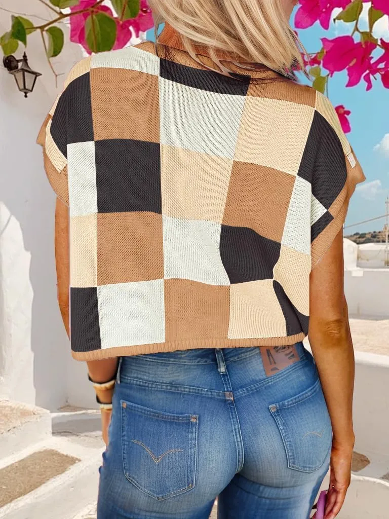Womens Summer Crop Tops 2025 Cap Short Sleeve Sweater Vest Loose Shirts Business Vacation Outfits Trendy Fall Summer Top