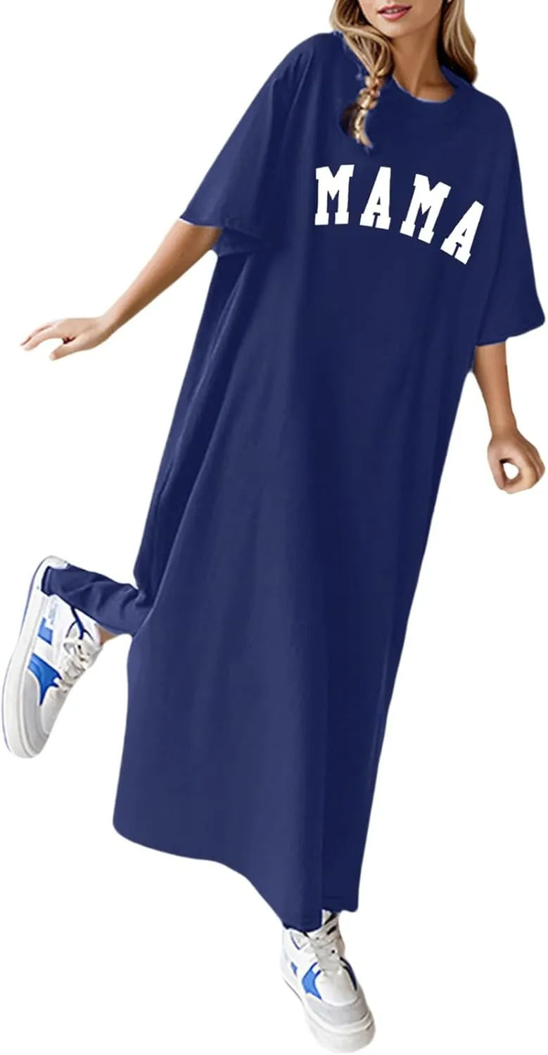 Women's Summer Loose Casual Mama Print Short Sleeve T Shirt Long Dress Women Dresses Formal Evening