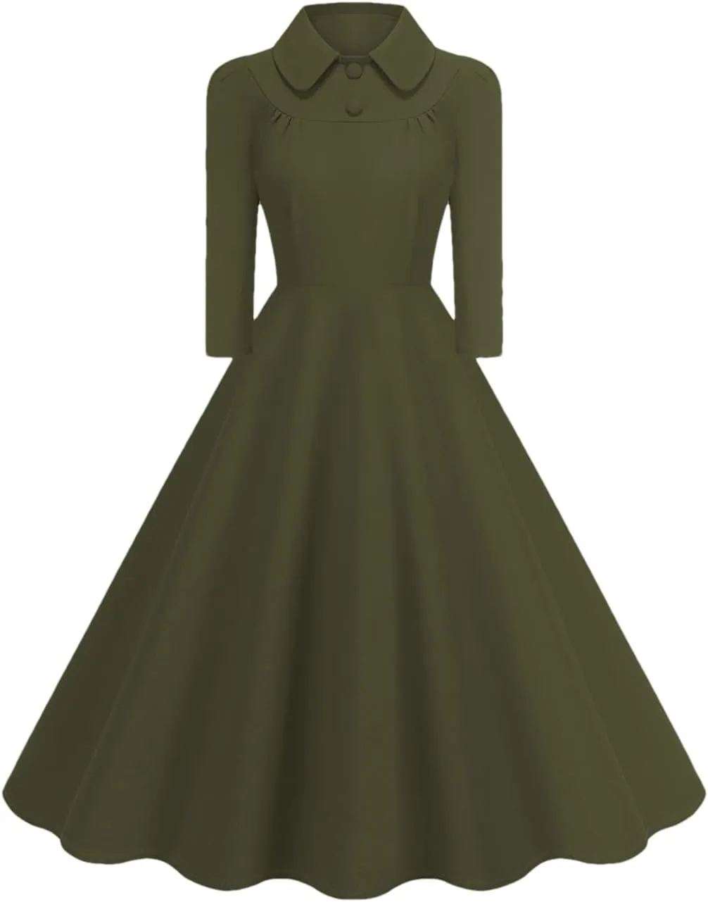 Women's Vintage Long Sleeve Solid Dress Front Button Swing Dress 1950S Dress