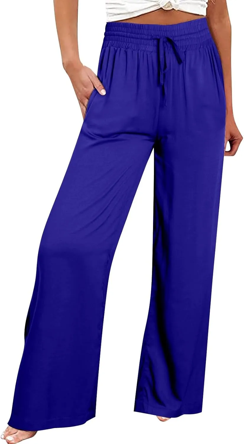 Women's Wide Leg Lounge Pants Summer High Waist Drawstring Loose Light Weight Fit Casual Trousers Comfy Palazzo Pants 2024