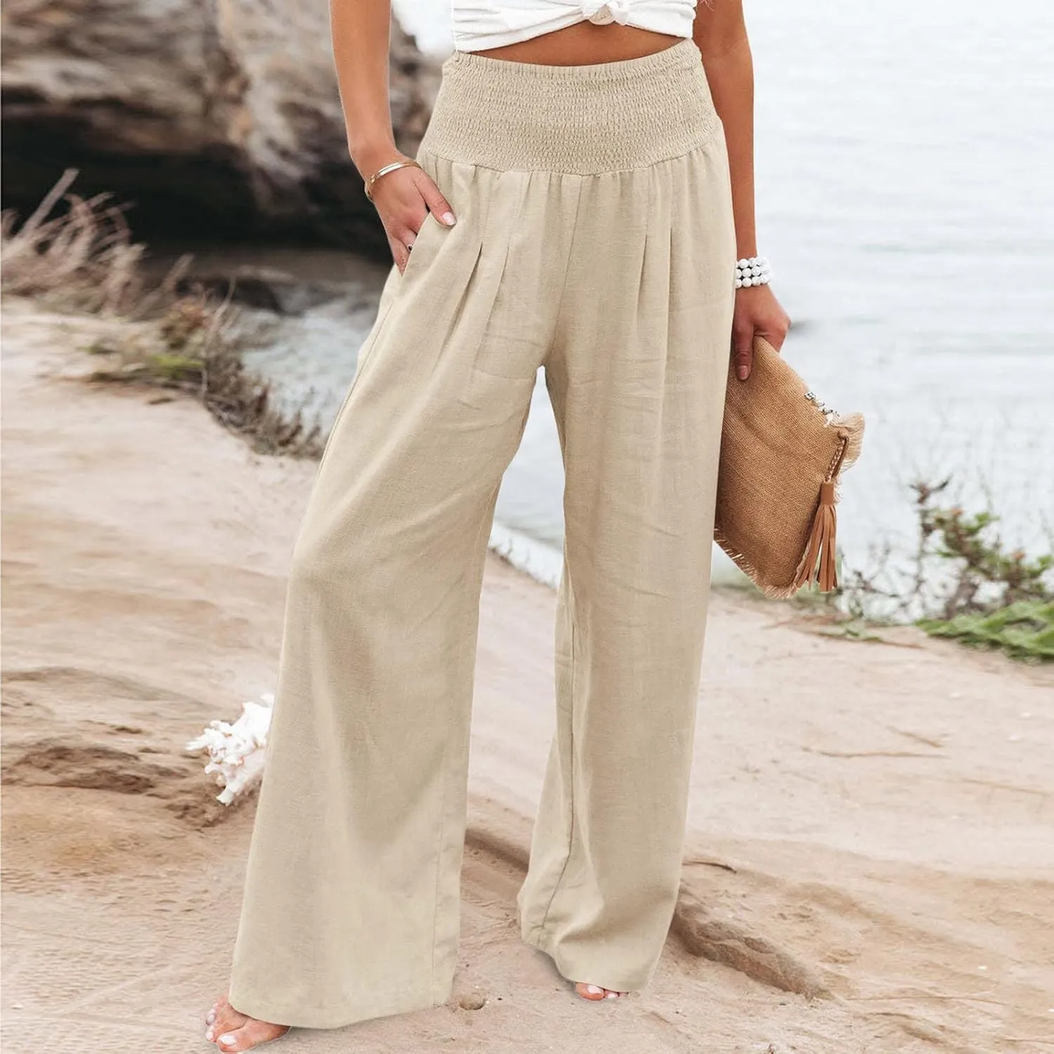 Women's Wide Leg Lounge Pants Summer High Waist Drawstring Loose Light Weight Fit Casual Trousers Comfy Palazzo Pants 2024
