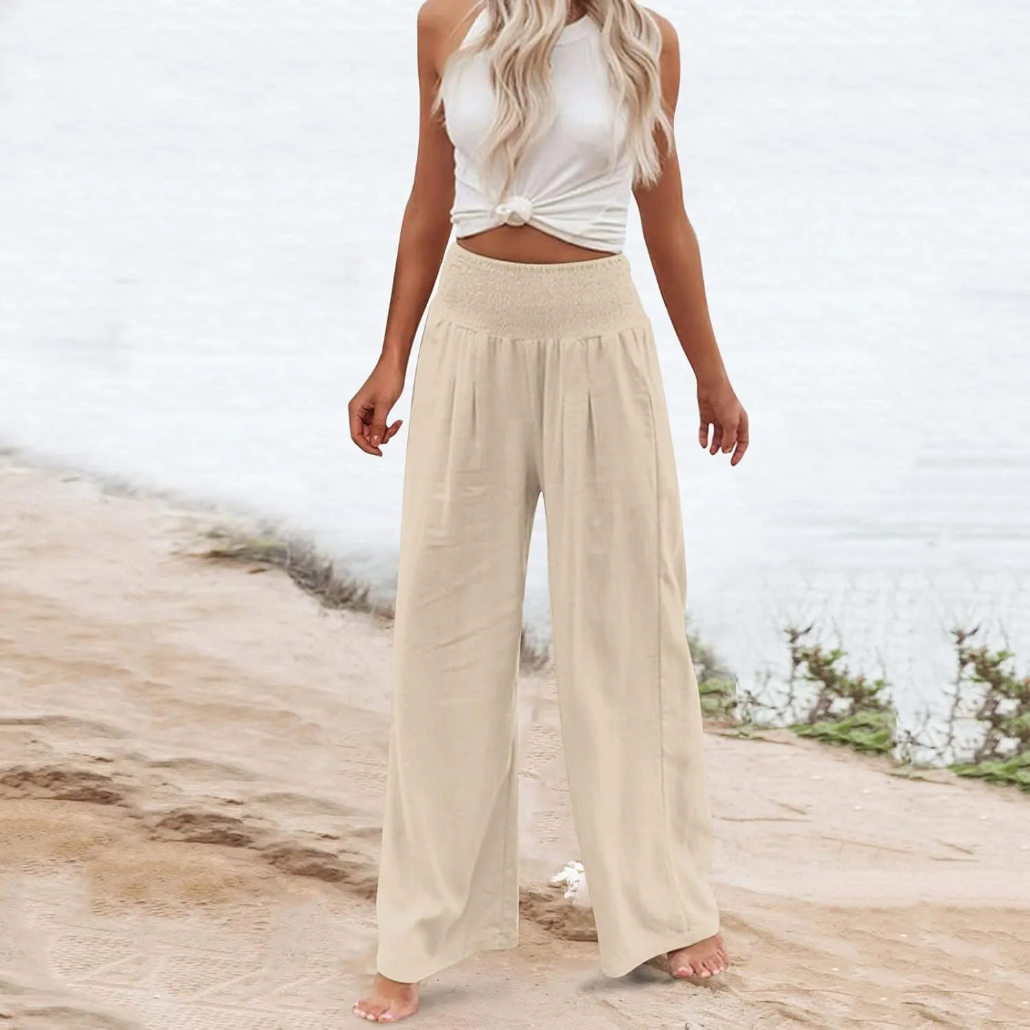 Women's Wide Leg Lounge Pants Summer High Waist Drawstring Loose Light Weight Fit Casual Trousers Comfy Palazzo Pants 2024