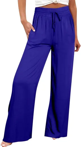 Women's Wide Leg Lounge Pants Summer High Waist Drawstring Loose Light Weight Fit Casual Trousers Comfy Palazzo Pants 2024