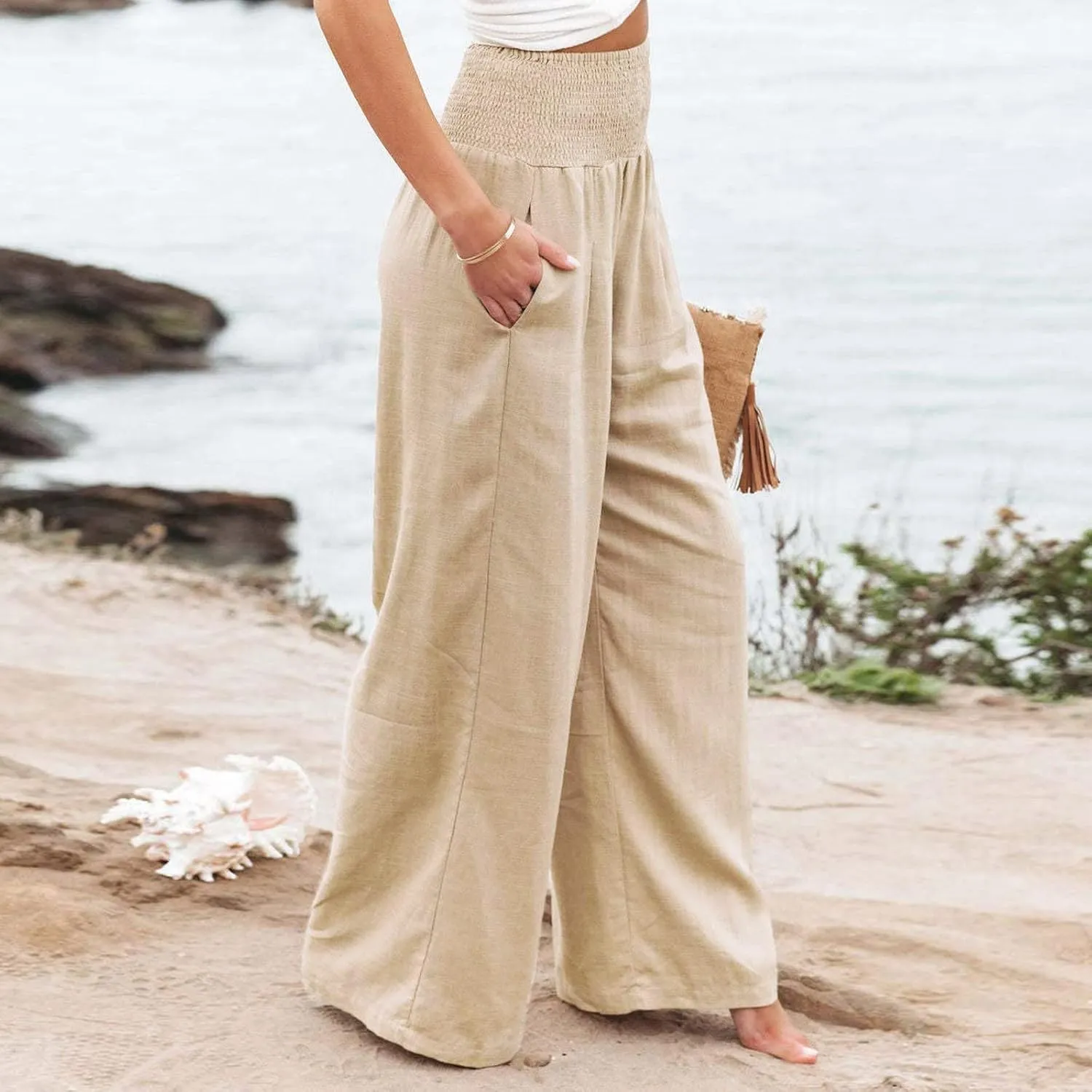 Women's Wide Leg Lounge Pants Summer High Waist Drawstring Loose Light Weight Fit Casual Trousers Comfy Palazzo Pants 2024
