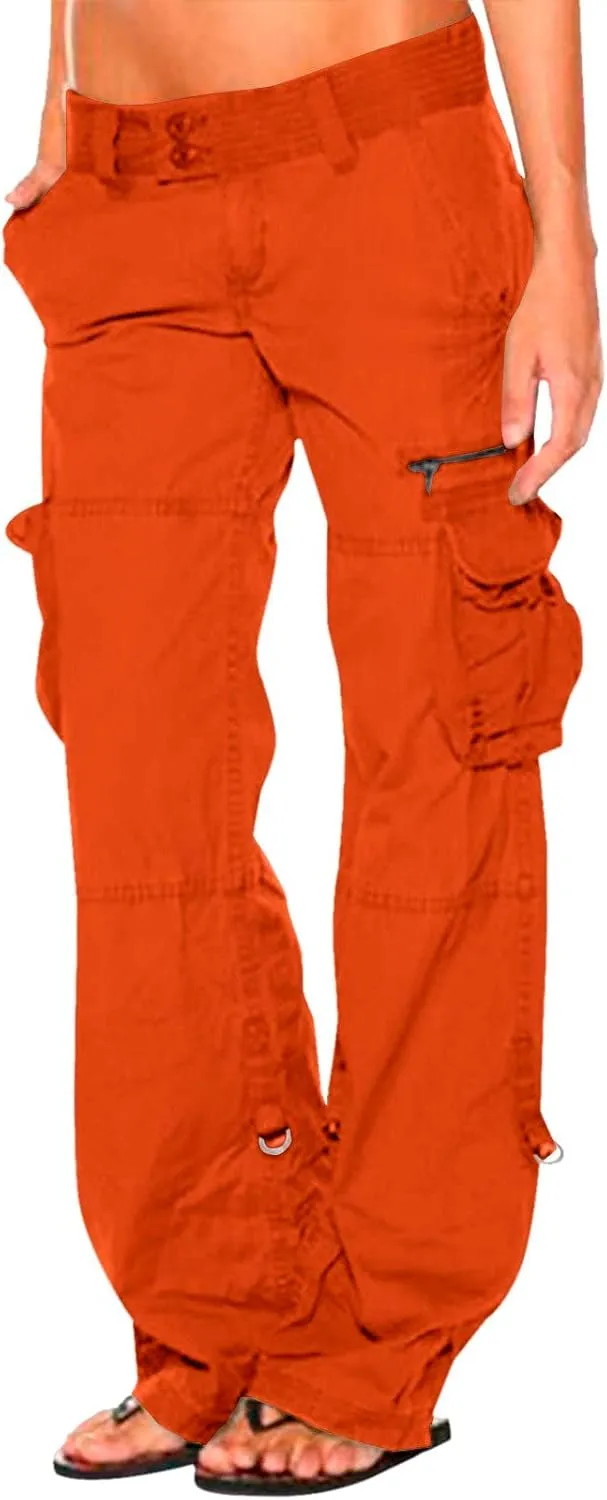 YOLAI Womens Low Waist Cargo Pants Outdoor Casual Camo Overalls Trousers Hip Hop Straight Leg Pant with Multi Pocket (Orange, M)